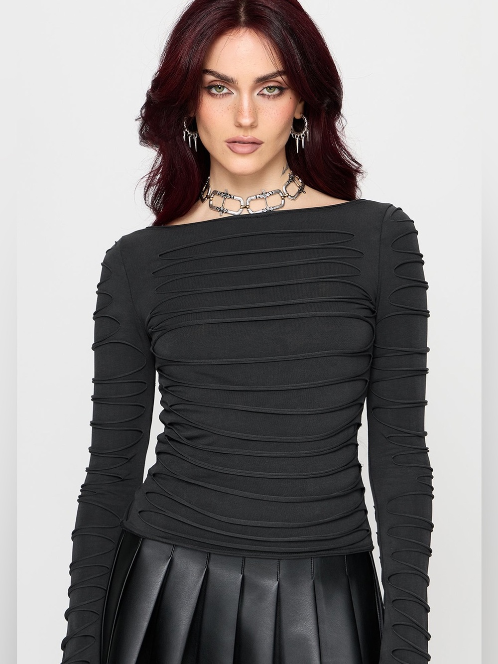 Disturbia Distressed Grey Ruched Long-Sleeve Top Gothic Alternative Vampire